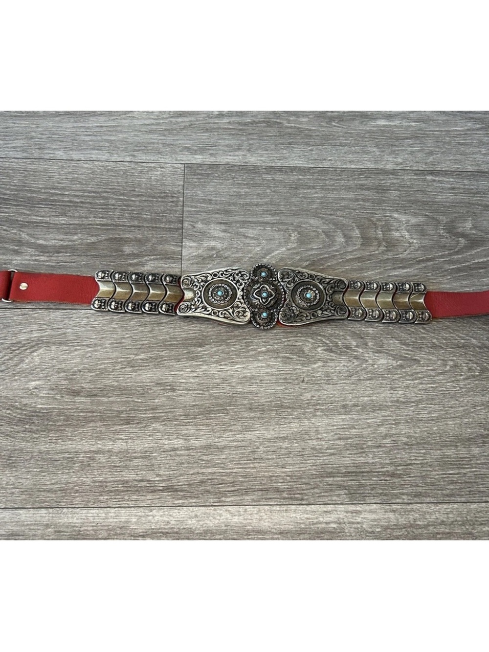 Vintage Red Leather Concho Belt Turquoise Silver Tone Western Boho 36.5” S/M - Picture 10 of 16